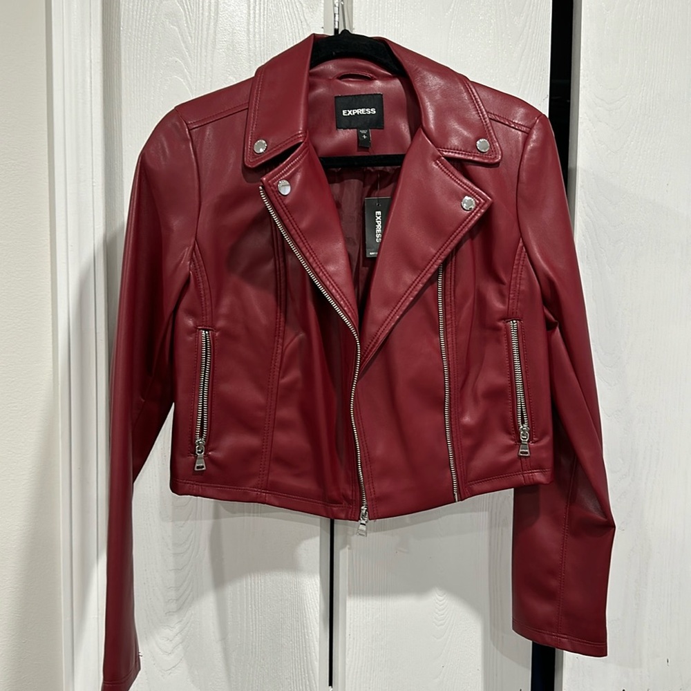 Express red faux, leather midi jacket
